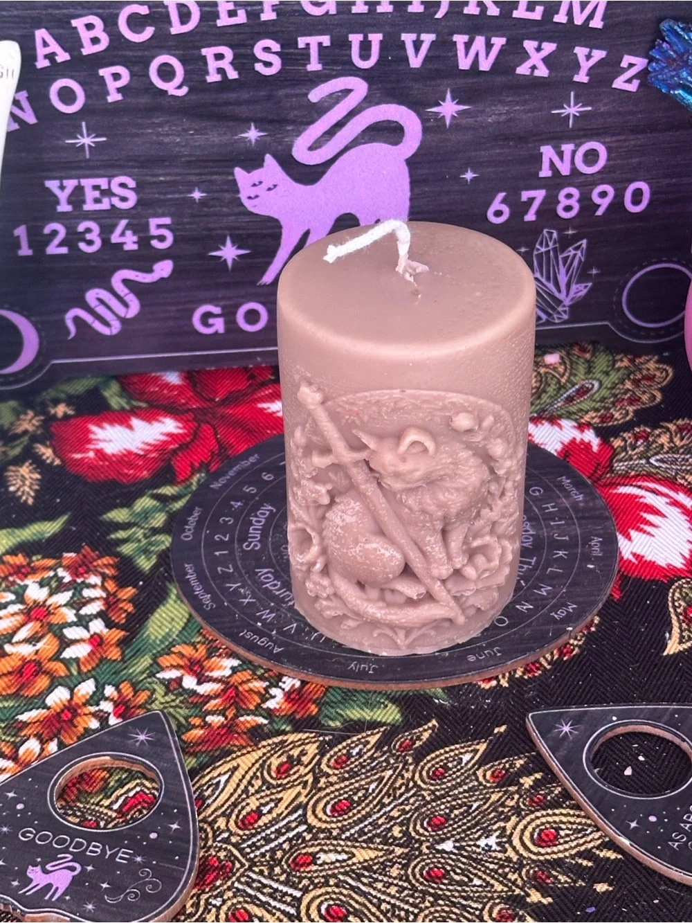 Bronze Cat & Sword Pillar Candle | Witch’s Familiar Candle | Gothic Cat Decor